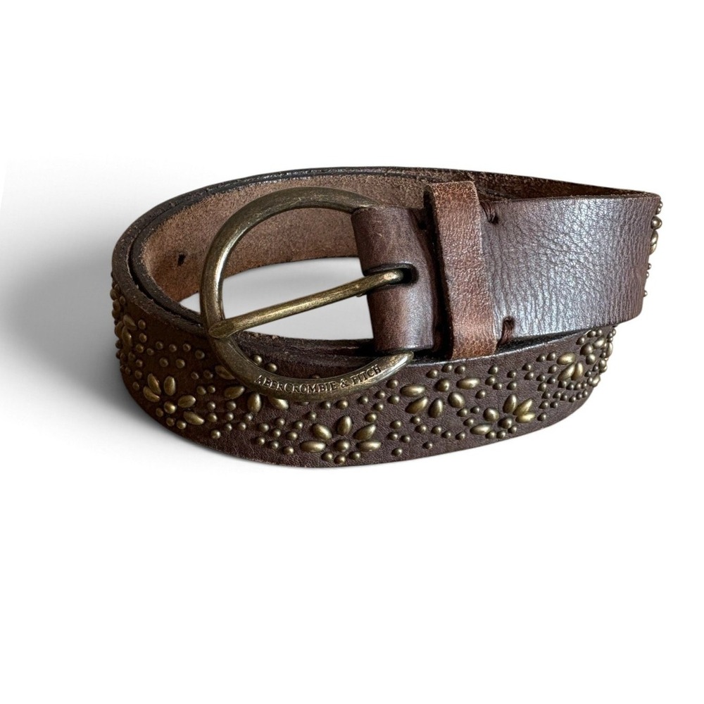 Abercrombie & Fitch Brown Leather Floral Studded Western Belt Medium Brass
